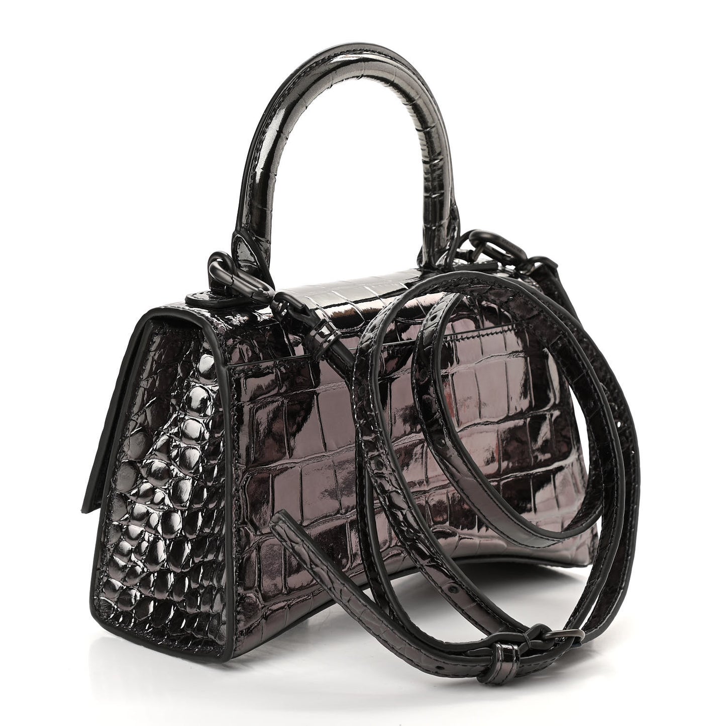 Shiny Calfskin Crocodile Embossed Hourglass Top Handle Bag XS Gunmetal