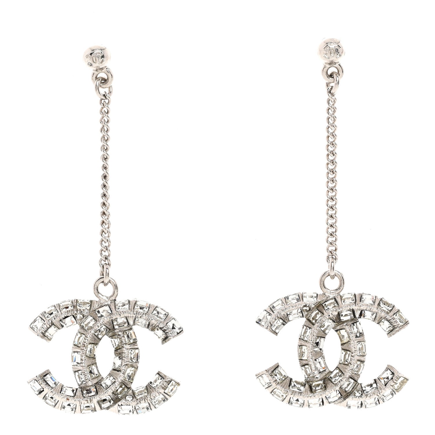 Chanel Baguette Crystal CC Drop Earrings Silver 1 of 5