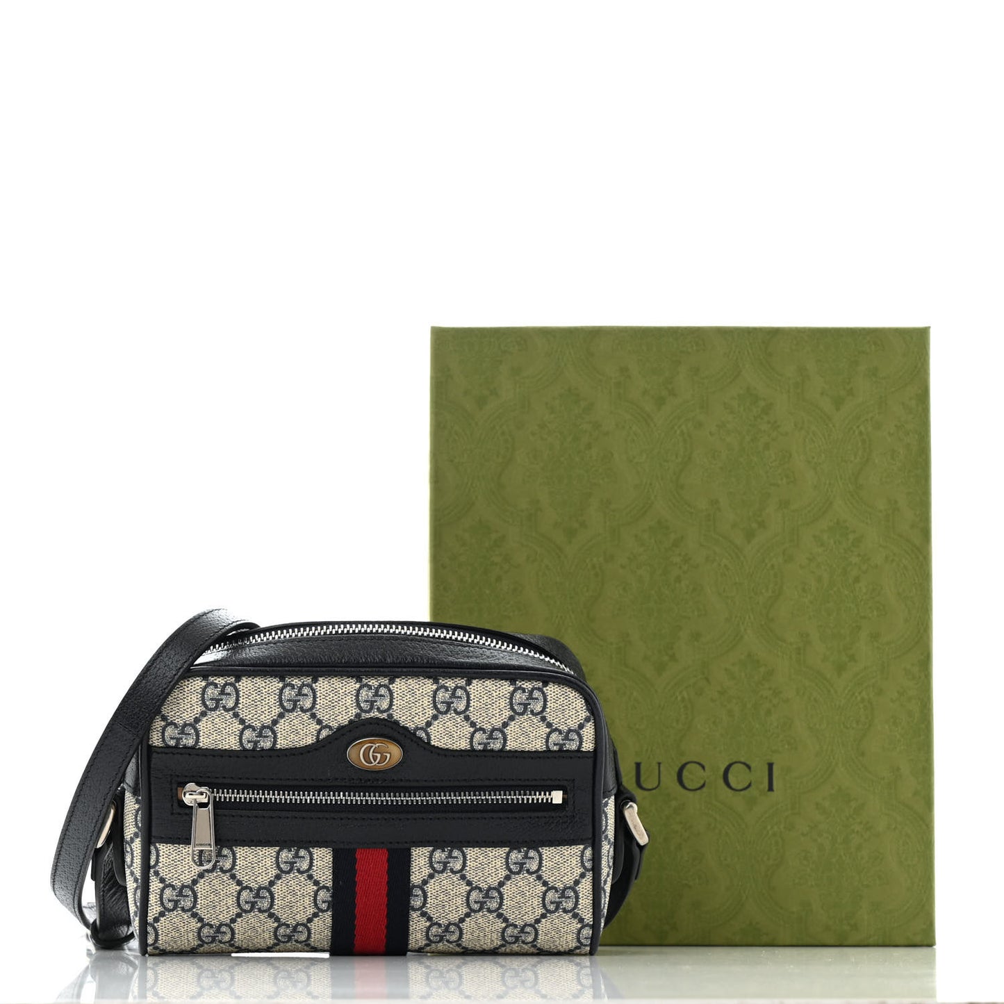 GG Supreme Monogram Textured Dollar Calfskin Web Mini Ophidia Shoulder Bag Beige Blue