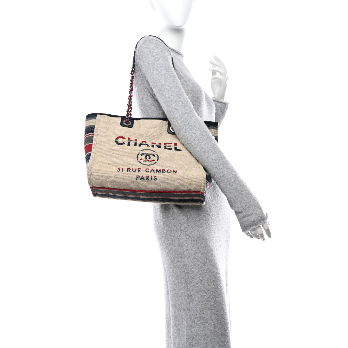 Striped Canvas Small Deauville Tote Beige
