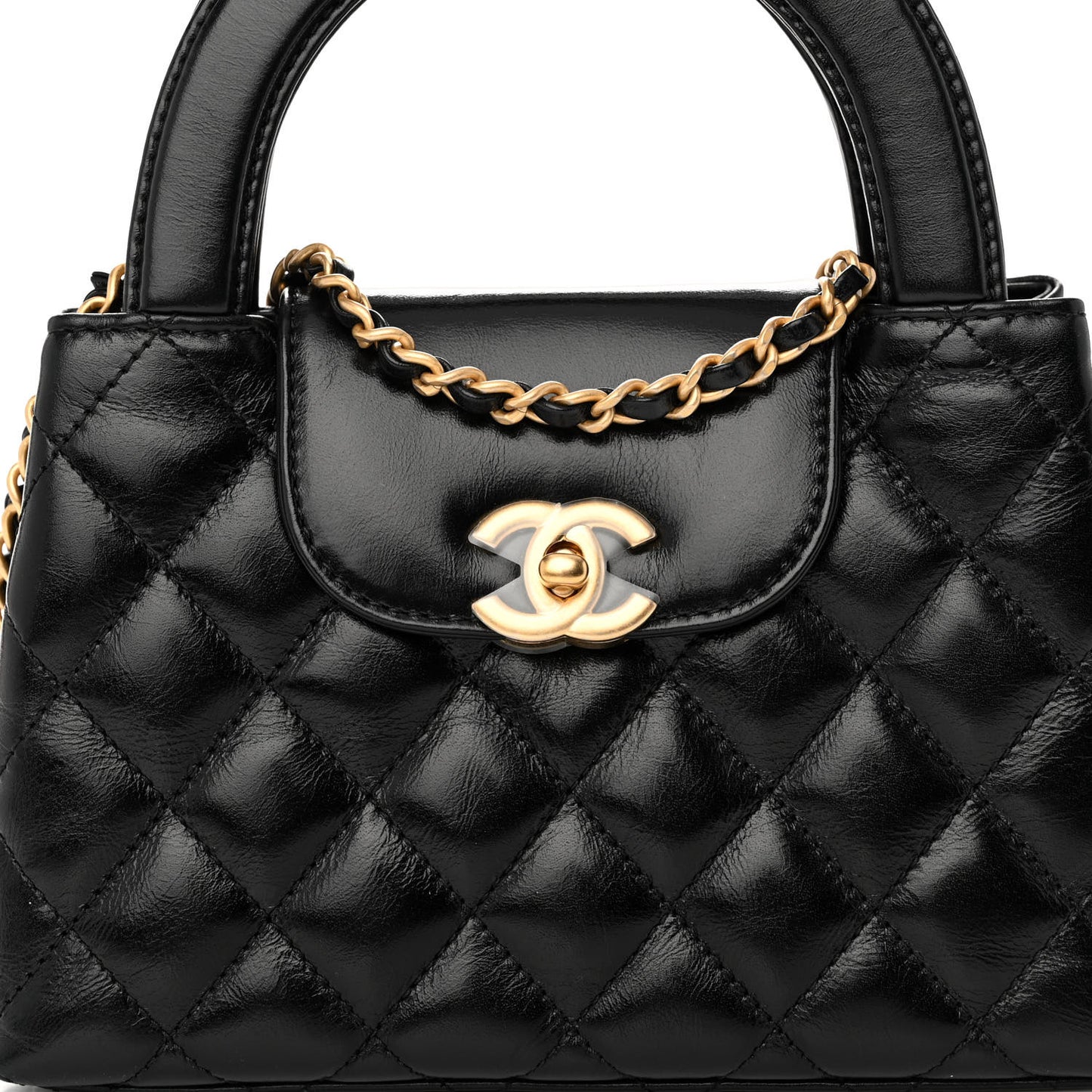 Shiny Aged Calfskin Quilted Nano Kelly Shopper Black