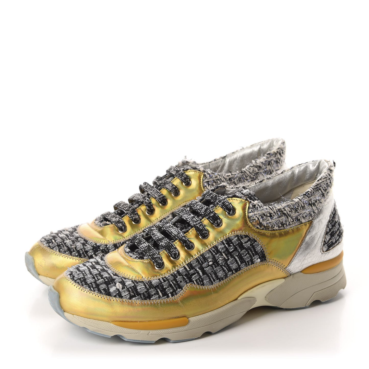 Tweed Lambskin Tennis Sneakers 36.5 Black White Argent