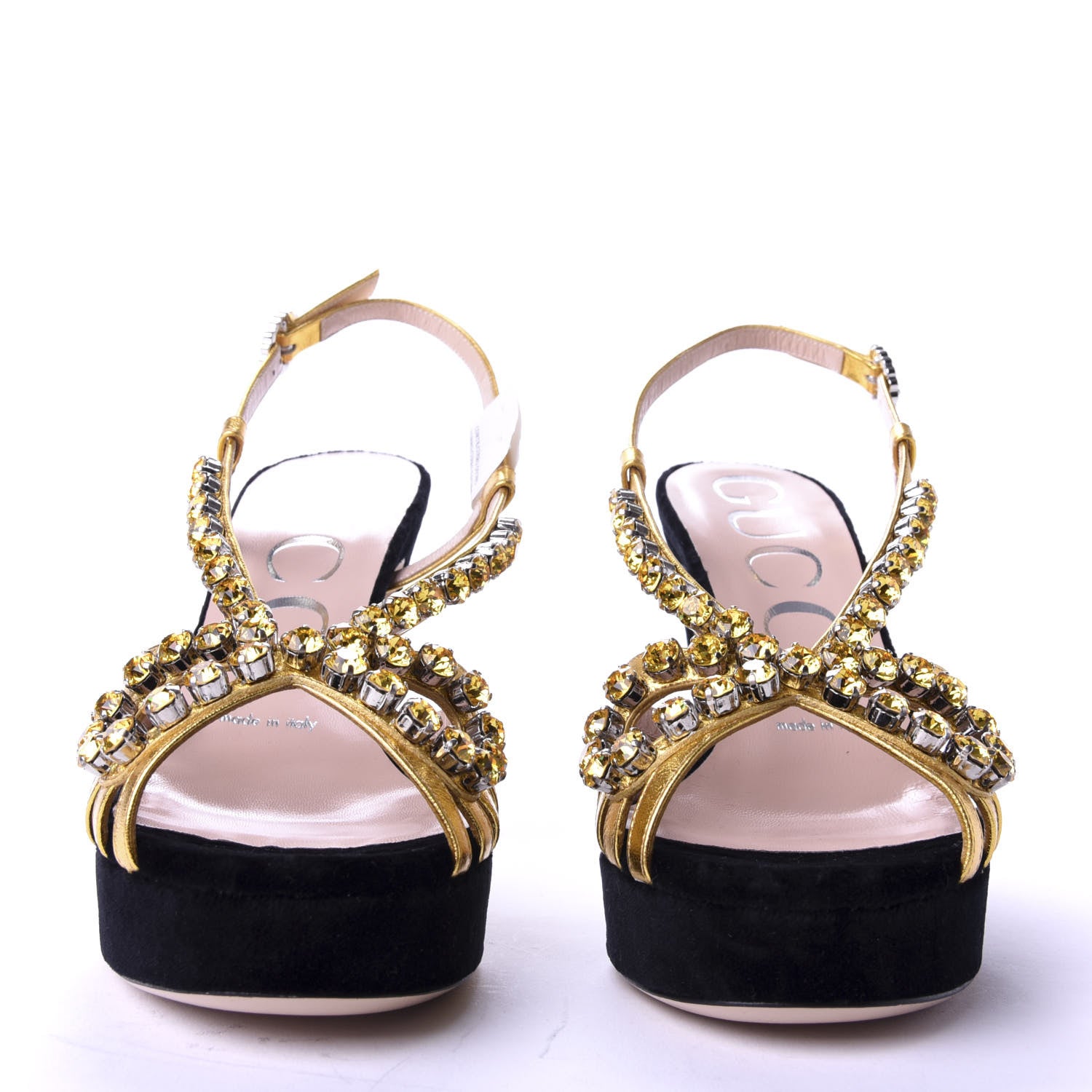 Gucci Velvet Nappa Crystal Zephyra Slingback Platform High Heel Sandals 36.5 Black Gold 2 of 9