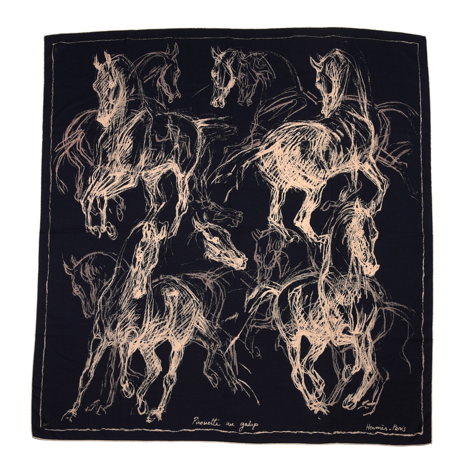 Hermes Cashmere Silk Pirouette au Galop Shawl 140 Marine Naturel Beige 1 of 5