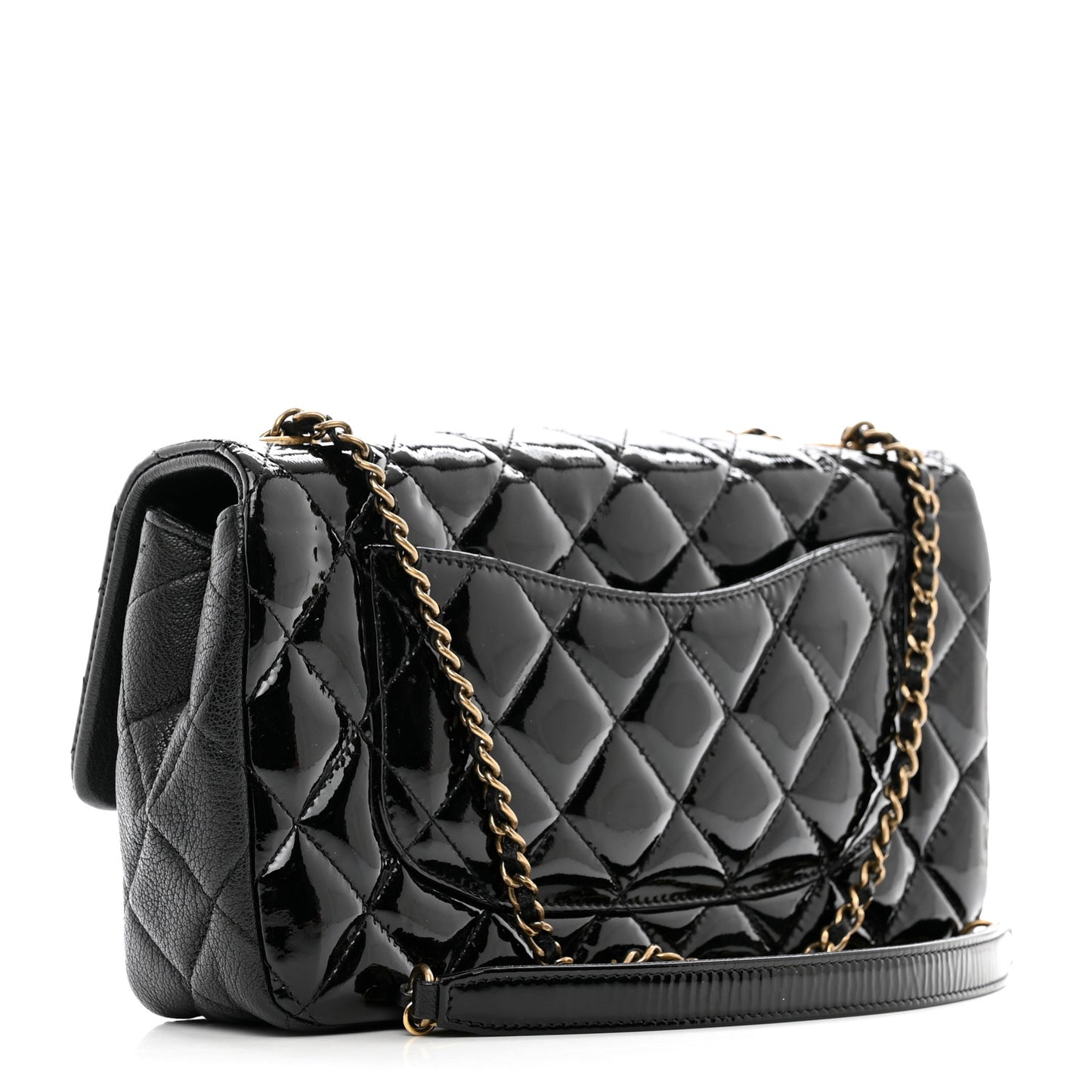 Patent Goatskin Quilted Medium CC Eyelet Flap Black