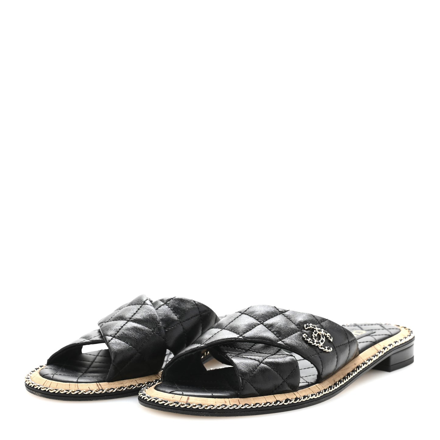 Lambskin Quilted Chain CC Sandals 39 Black