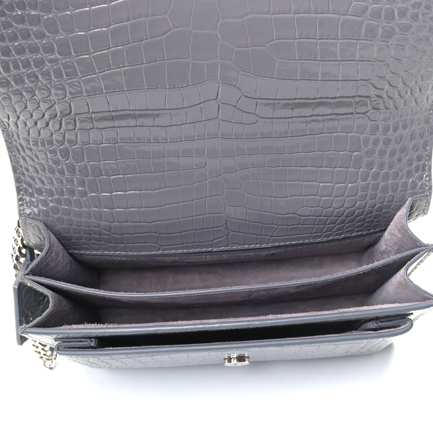 Calfskin Crocodile Embossed Medium Monogram Sunset Fog