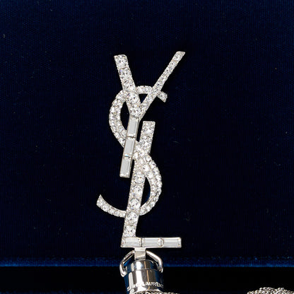 Saint Laurent Velvet Crystal Monogram Kate Tassel Chain Wallet Blue 7 of 9
