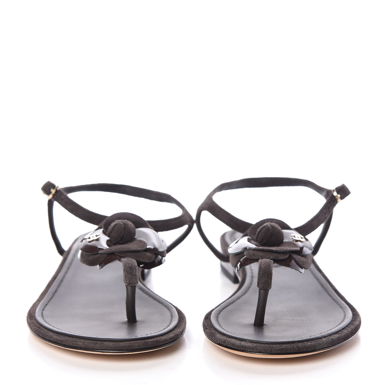Chanel Suede Patent Calfskin Camellia Thong Sandals 38 Dark Brown 2 of 10