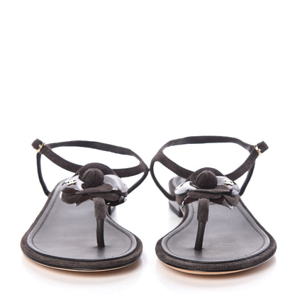 Chanel Suede Patent Calfskin Camellia Thong Sandals 38 Dark Brown 2 of 10