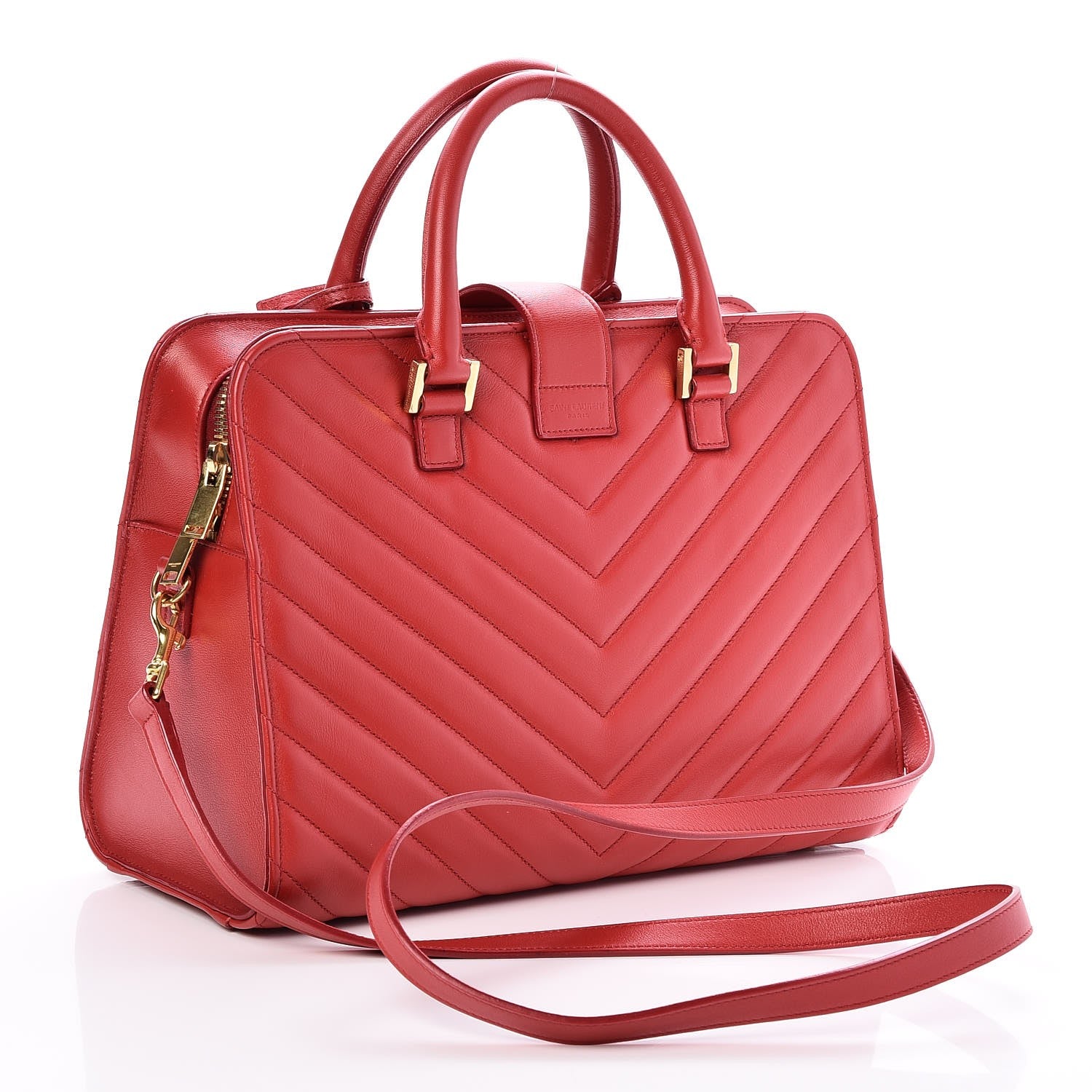 Saint Laurent Calfskin Matelasse Chevron Small Monogram Cabas Lipstick Red 4 of 9