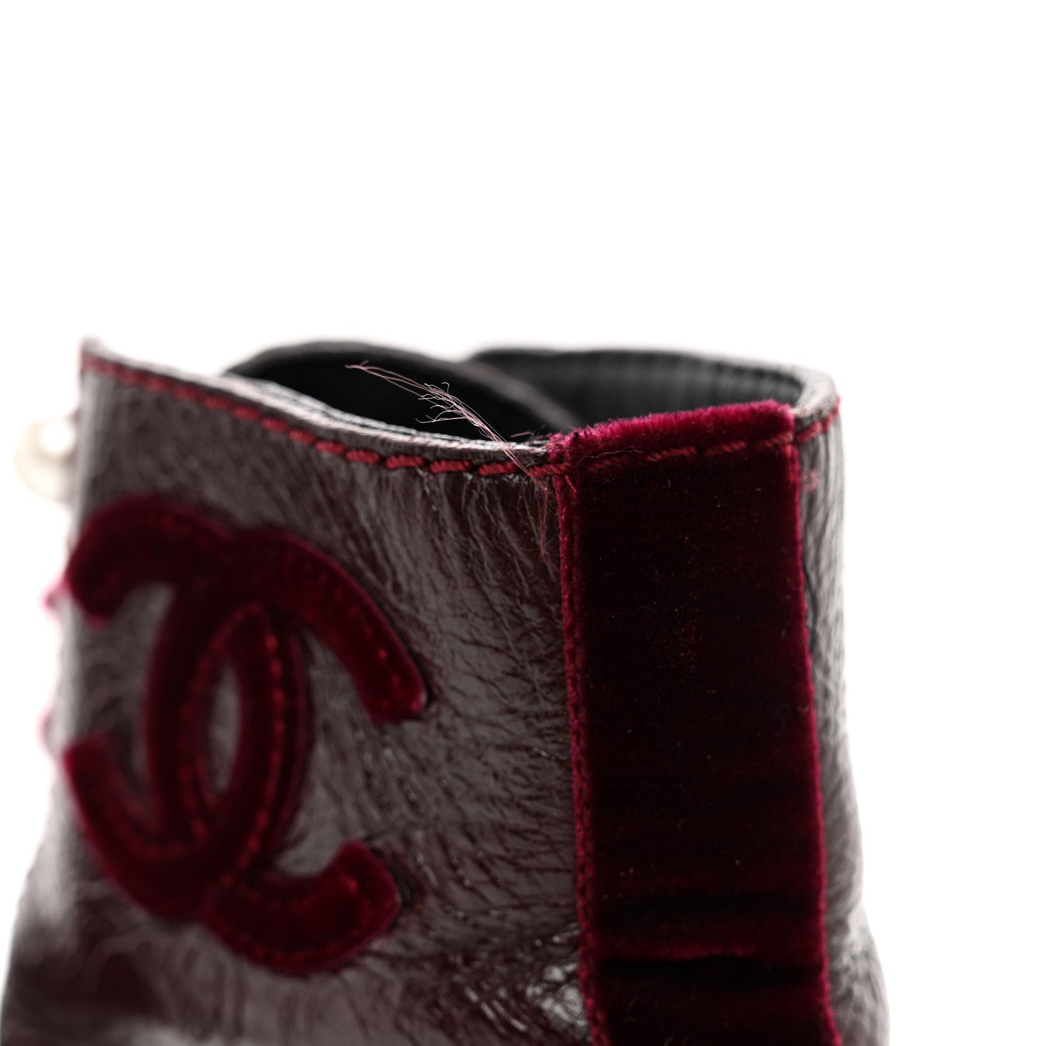 Chanel Shiny Calfskin Velvet Pearl Combat Short Boots 37.5 Burgundy 10 of 10