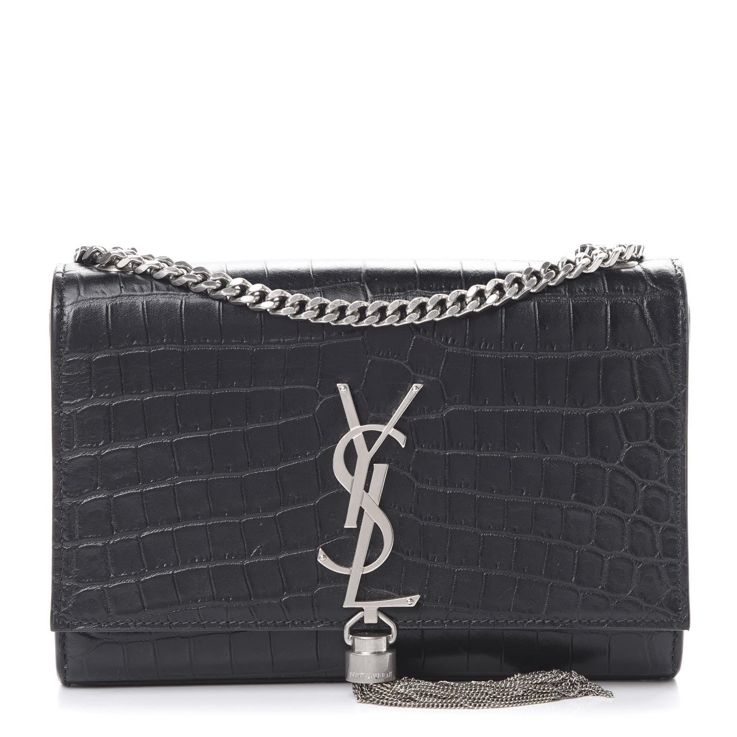 Saint Laurent Calfskin Crocodile Embossed Monogram Small Kate Tassel Satchel Black 1 of 10