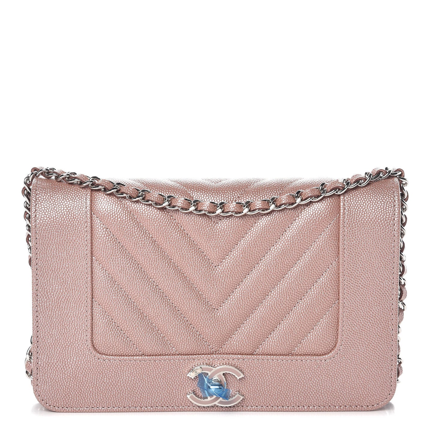 Metallic Caviar Chevron Quilted Vintage Mademoiselle Wallet On Chain WOC Pink