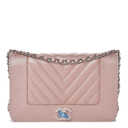 Chanel Metallic Caviar Chevron Quilted Vintage Mademoiselle Wallet On Chain WOC Pink 1 of 11