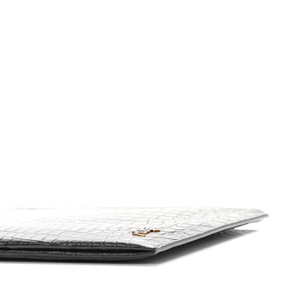 Saint Laurent Calfskin Crocodile Embossed Tiny Monogram Zipped Tablet Holder Black 8 of 9