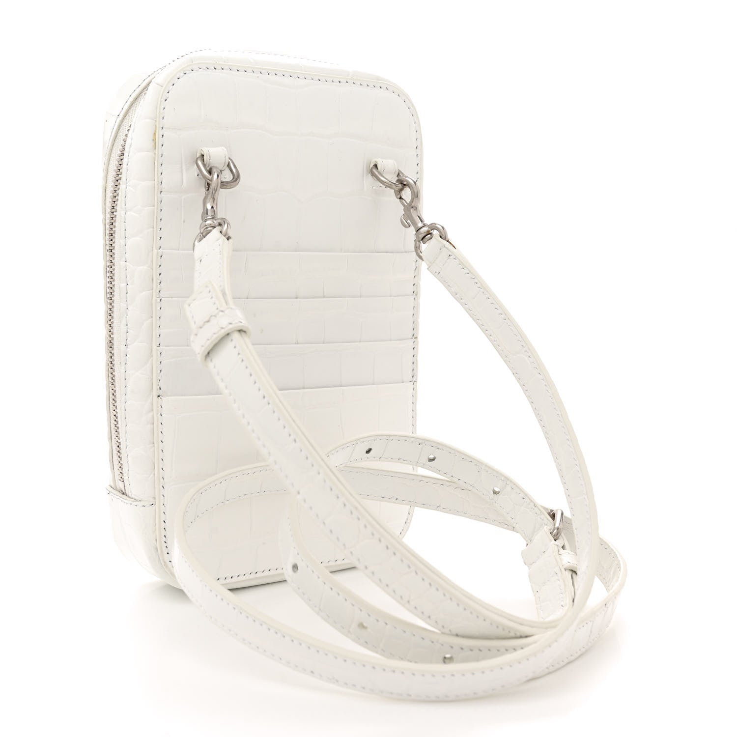Balenciaga Shiny Calfskin Logo Crocodile Embossed Cash Phone Holder Bag White Black 3 of 13