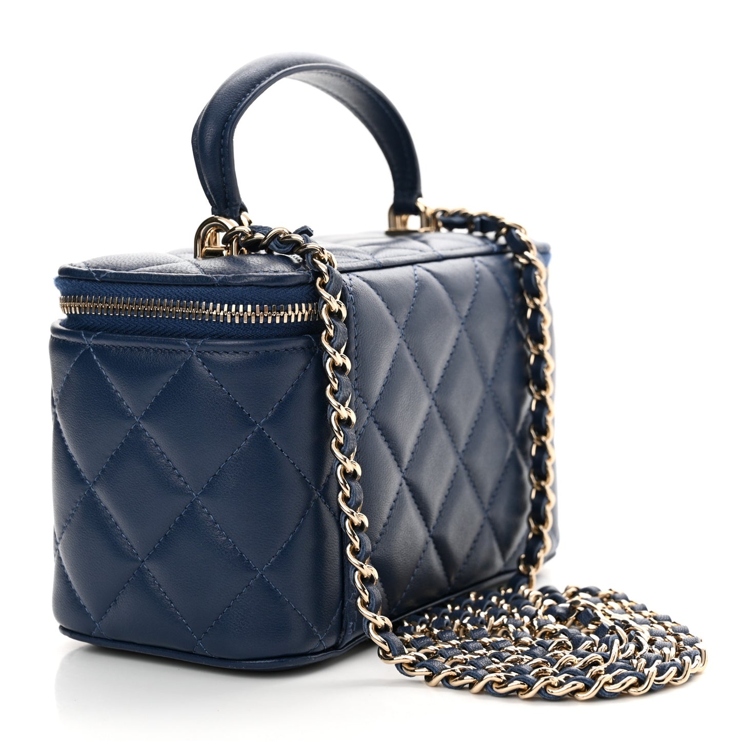 Lambskin Quilted Small Top Handle Vanity Case With Chain Dark Blue