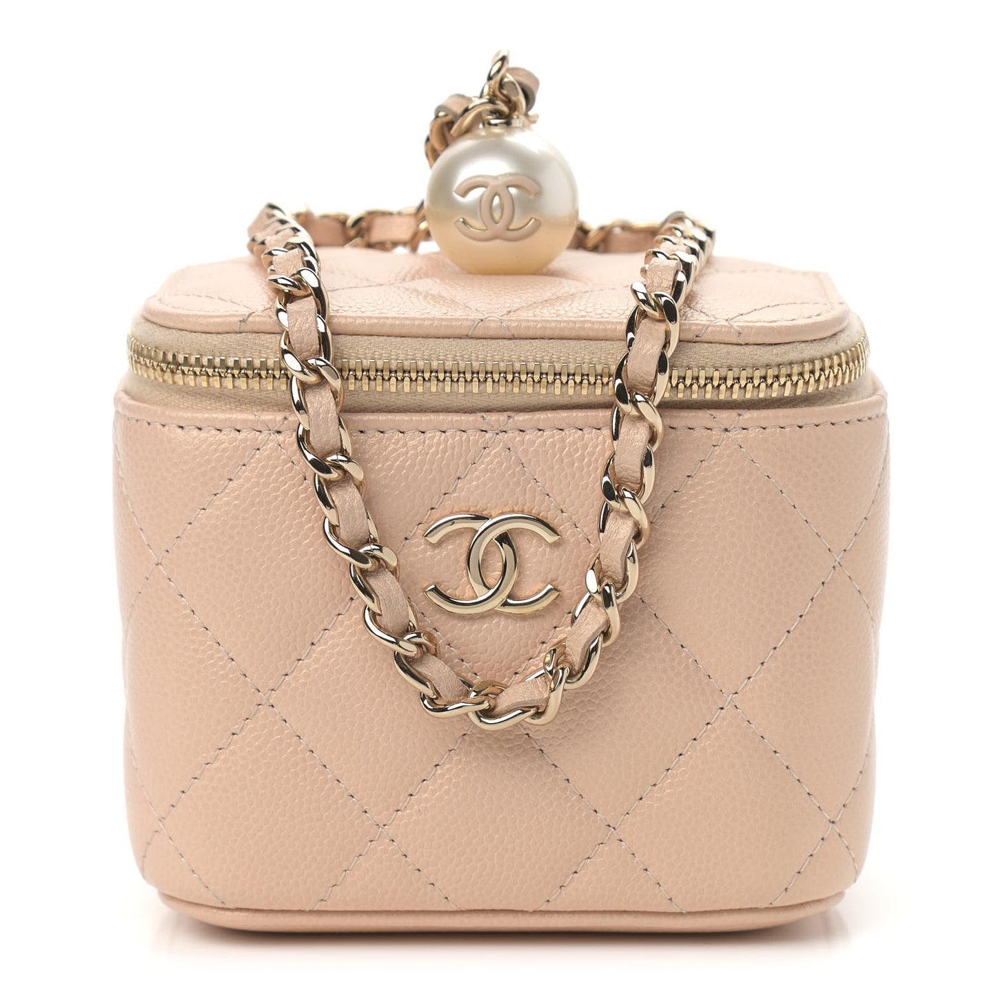 Iridescent Caviar Quilted Mini Pearl On Top Vanity Case With Chain Beige