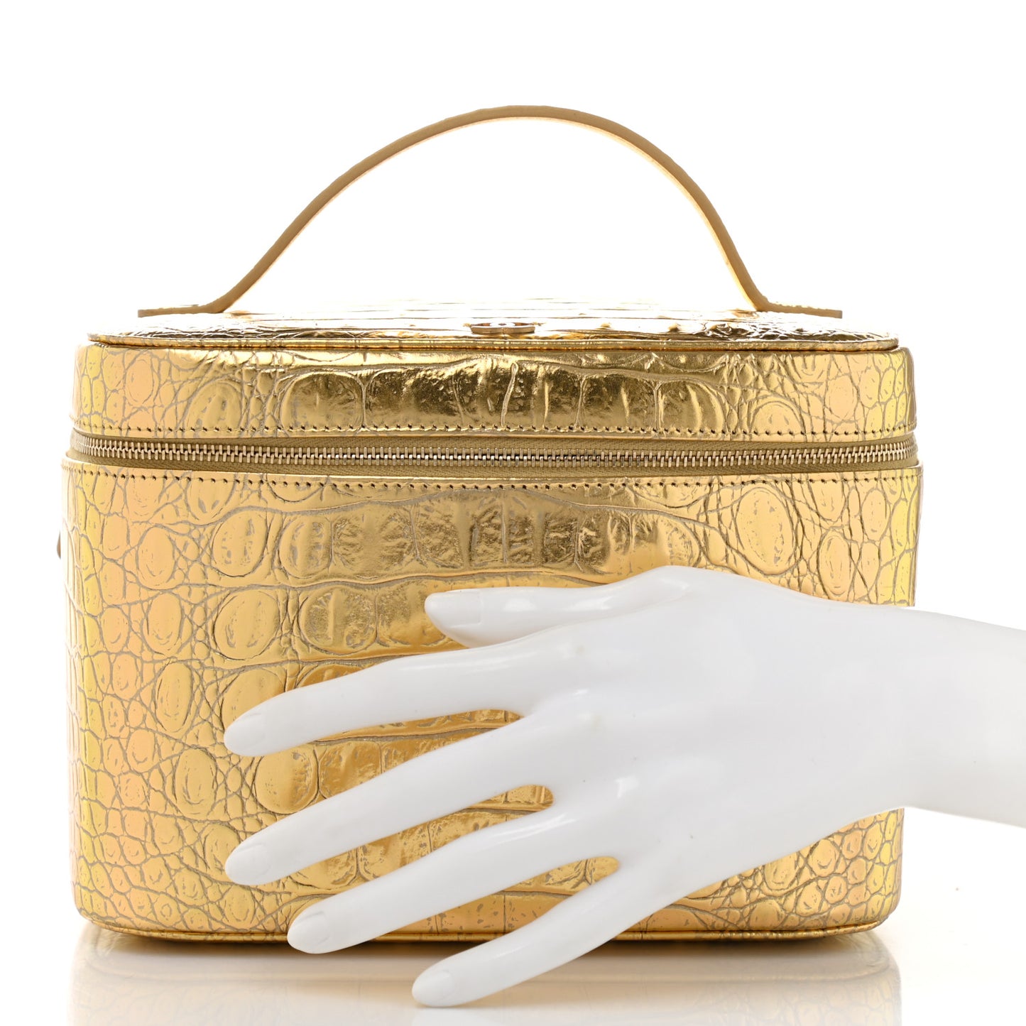 Metallic Calfskin Crocodile Embossed Cocodile Top Handle Vanity Gold