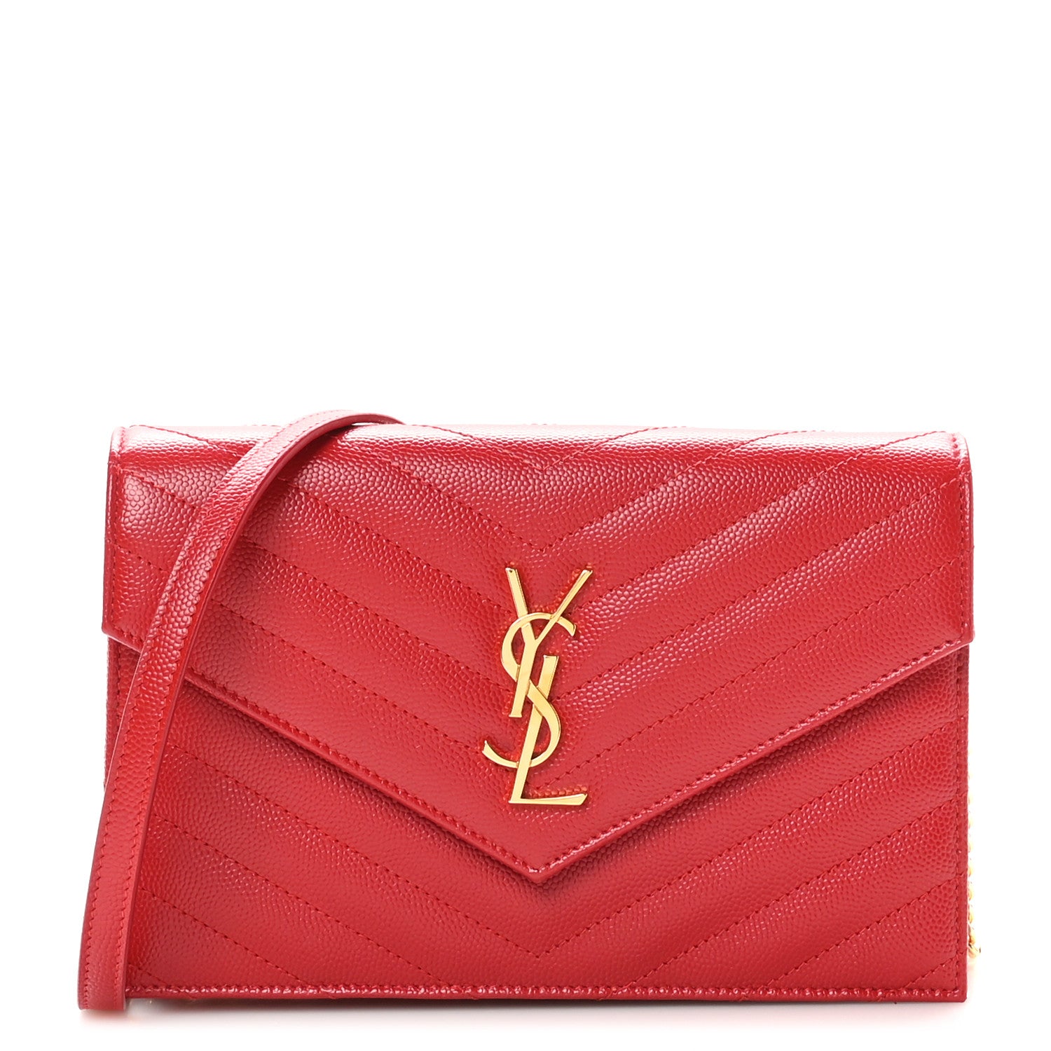 Saint Laurent Grain De Poudre Matelasse Chevron Monogram Envelope Chain Wallet New Red 1 of 10