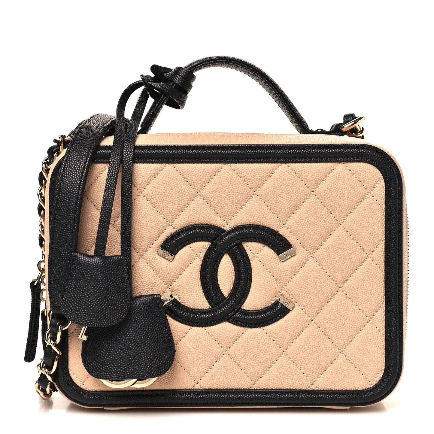 Caviar Quilted Medium CC Filigree Vanity Case Beige Black