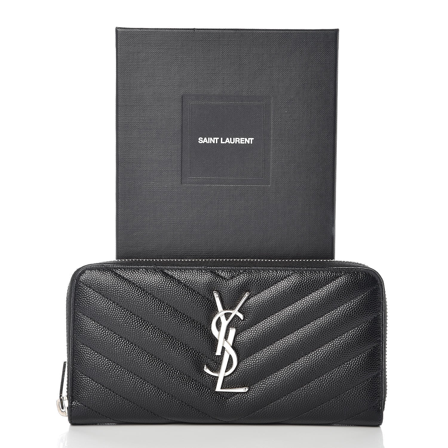 Saint Laurent Grain De Poudre Matelasse Chevron Monogram Zip Around Wallet Black 10 of 10
