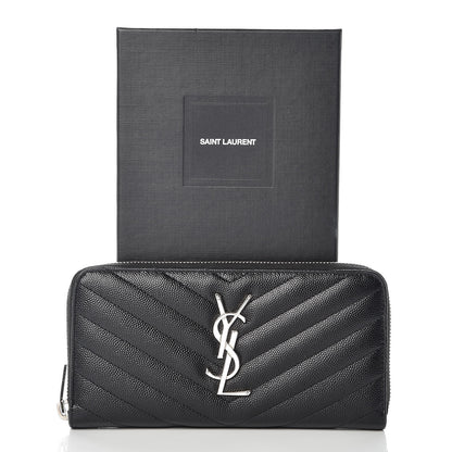 Saint Laurent Grain De Poudre Matelasse Chevron Monogram Zip Around Wallet Black 10 of 10