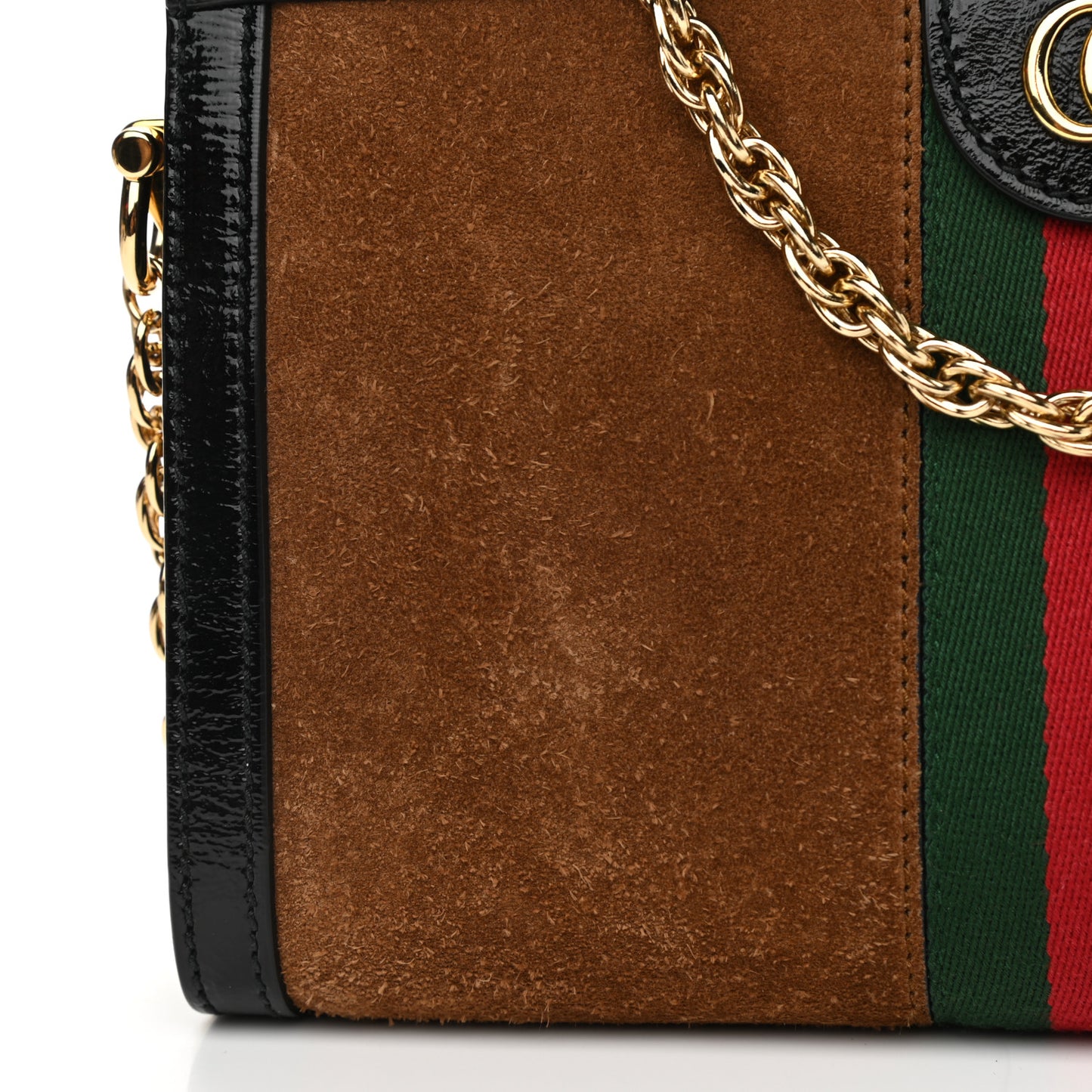 Suede Patent Web Small Ophidia Chain Shoulder Bag Nocciola Black