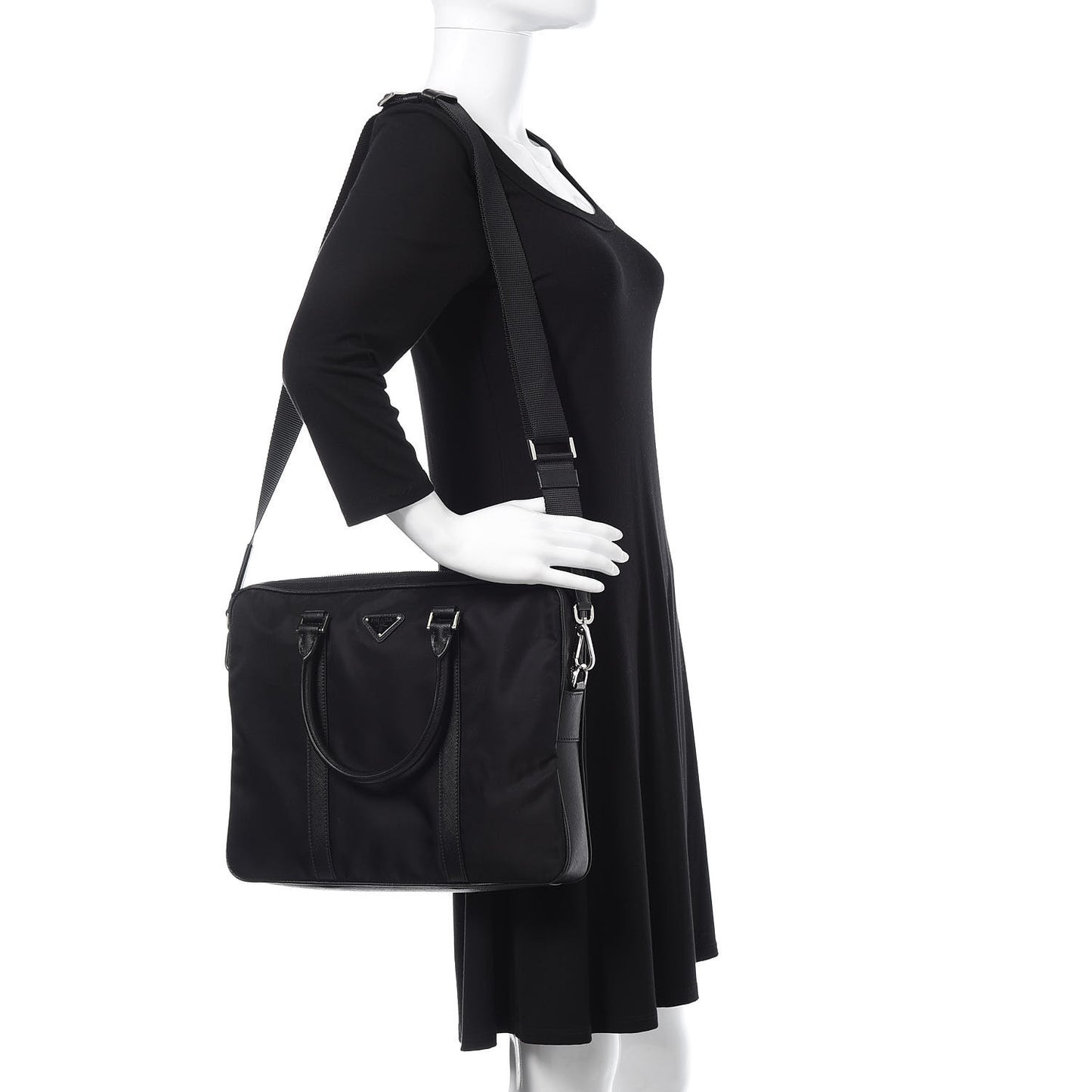 Tessuto Nylon Saffiano Metal Triangle Logo Work Bag Black