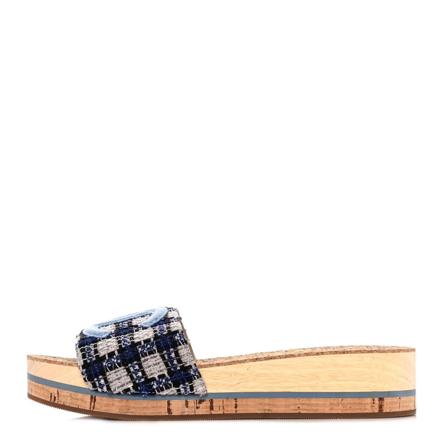 Tweed Mixed Fibers Cork CC Mule Sandal 37 Navy Blue White Blue