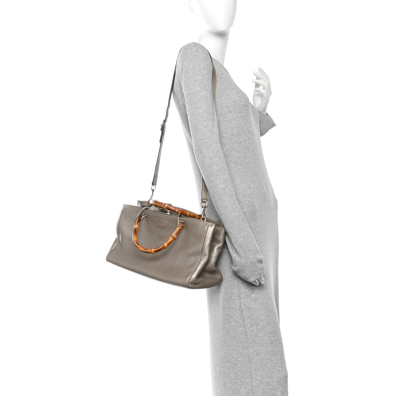 Gucci Metallic Pebbled Calfskin Medium Bamboo Shopper Tote Golden
