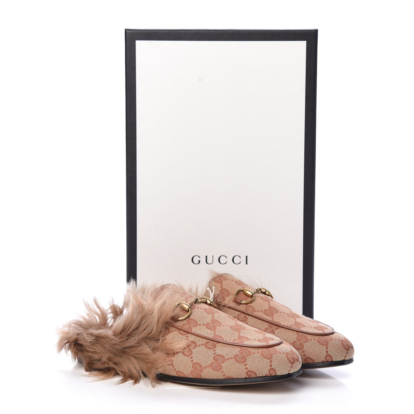 GG Monogram Fur Womens Princetown Slippers 35.5 Beige Ruggine Rust