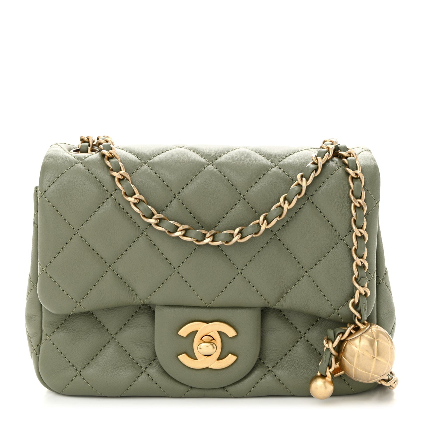 Lambskin Quilted Mini Pearl Crush Flap Green