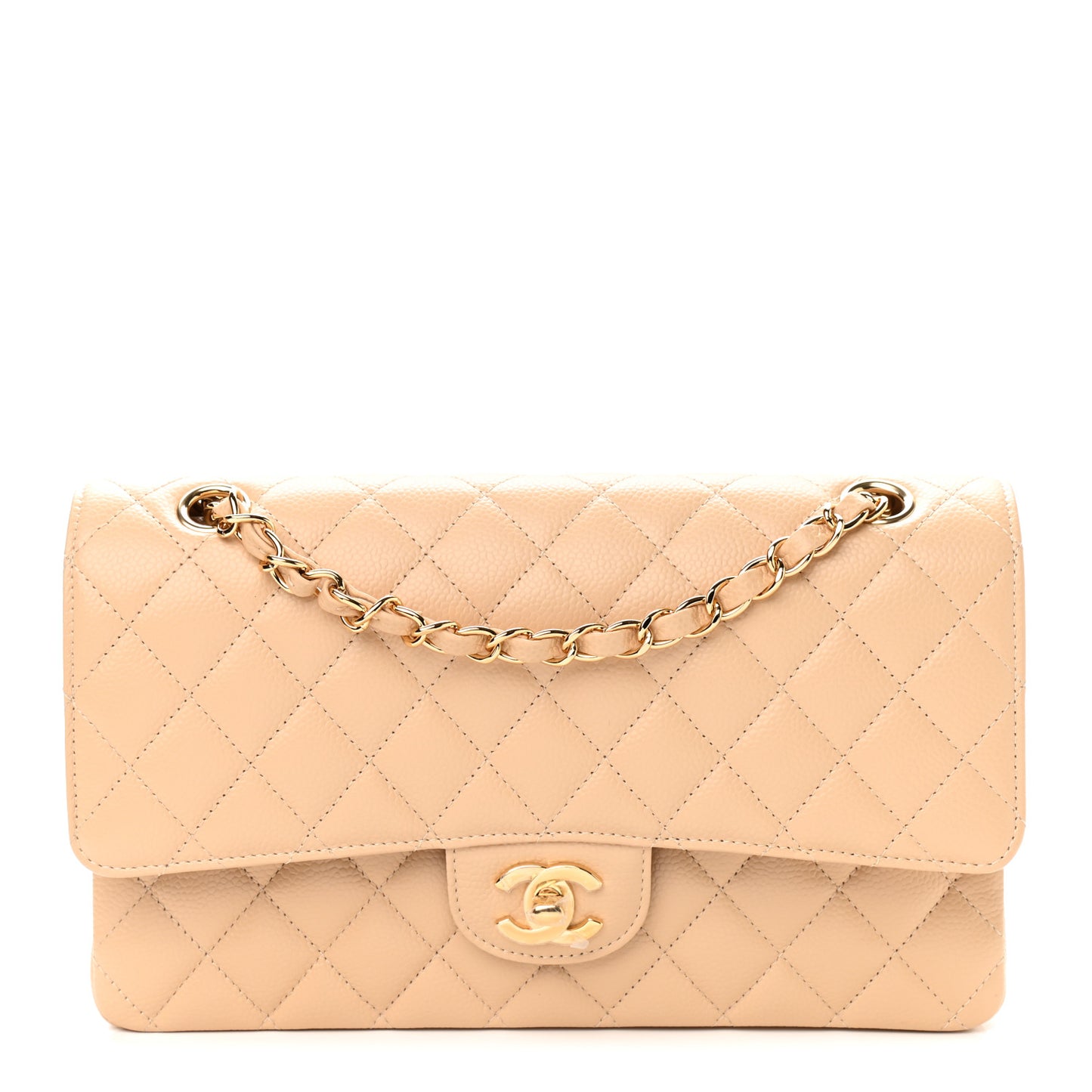 Caviar Quilted Medium Double Flap Beige