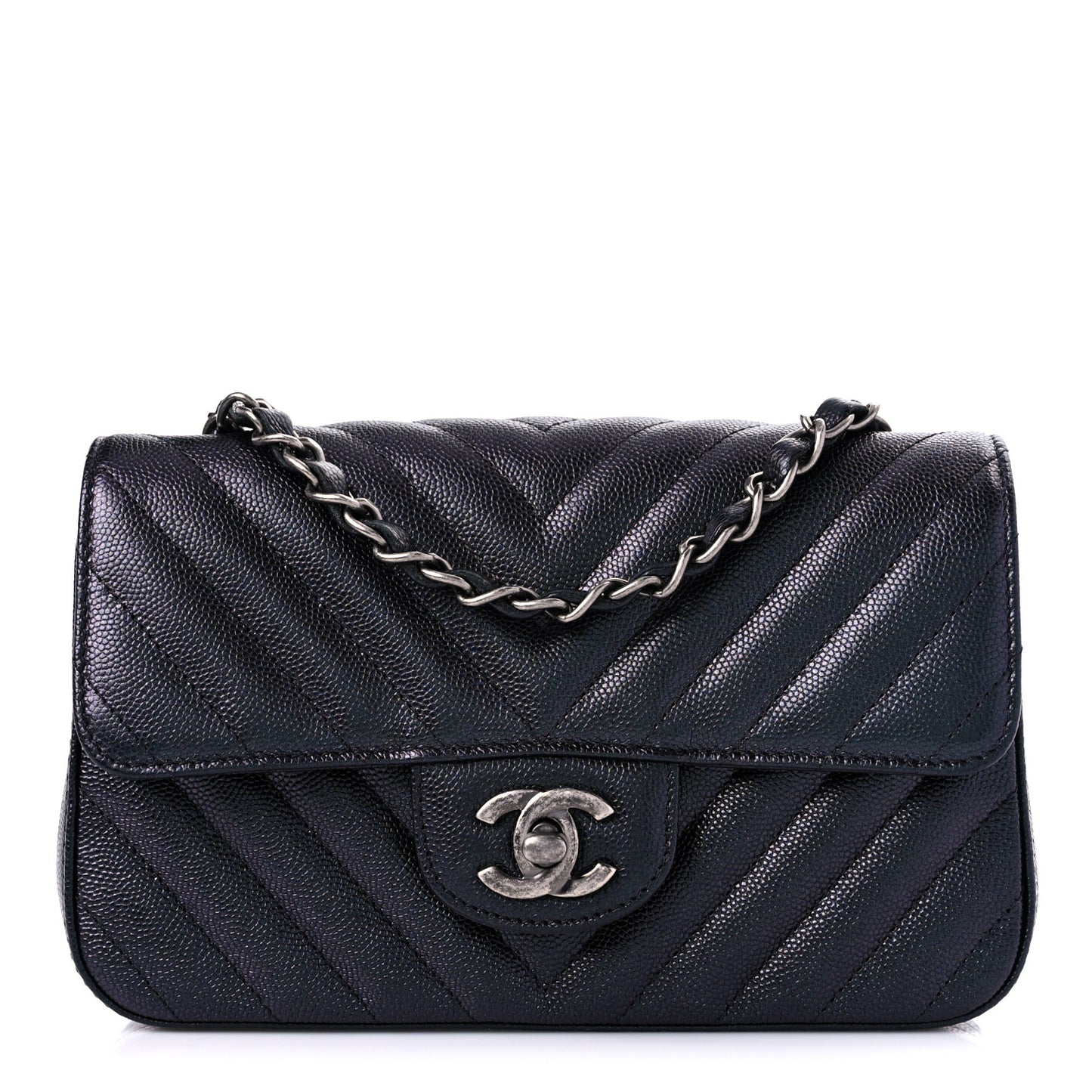 Metallic Caviar Chevron Quilted Mini Rectangular Flap Black