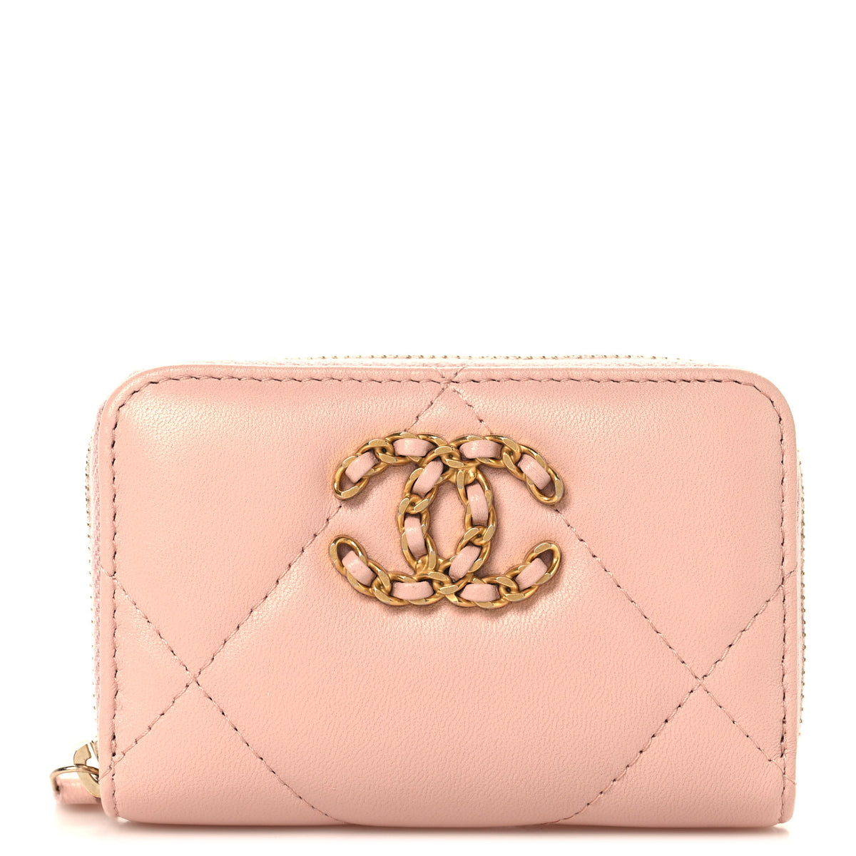 Lambskin Quilted 19 Zip Around Coin Purse Wallet Light Pink