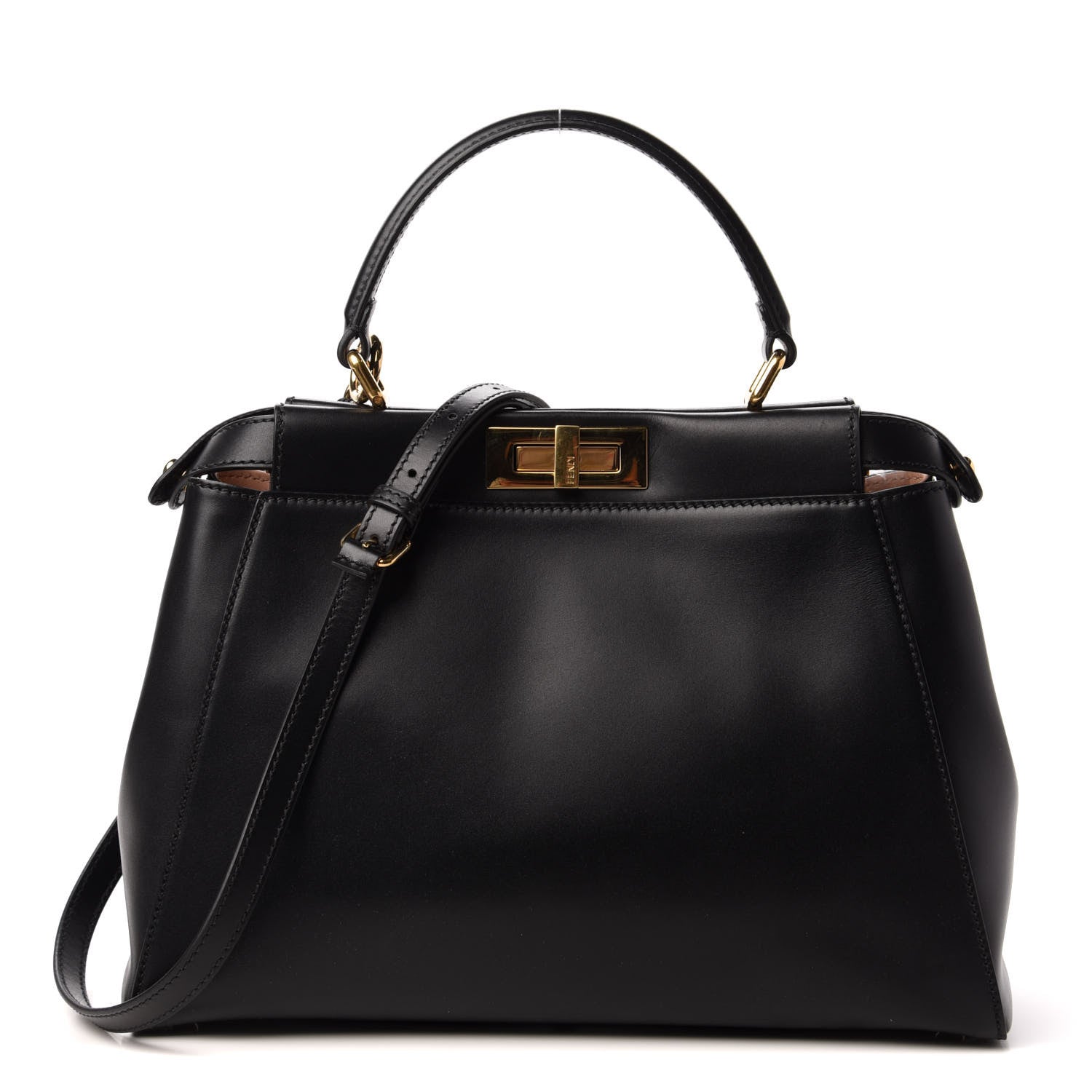 Fendi Vitello Morgan Shiny Nappa Medium Peekaboo Iconic Satchel Black Rosa Plaster 1 of 9