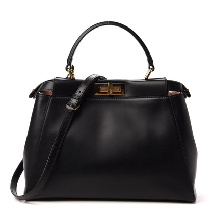 Fendi Vitello Morgan Shiny Nappa Medium Peekaboo Iconic Satchel Black Rosa Plaster 1 of 9