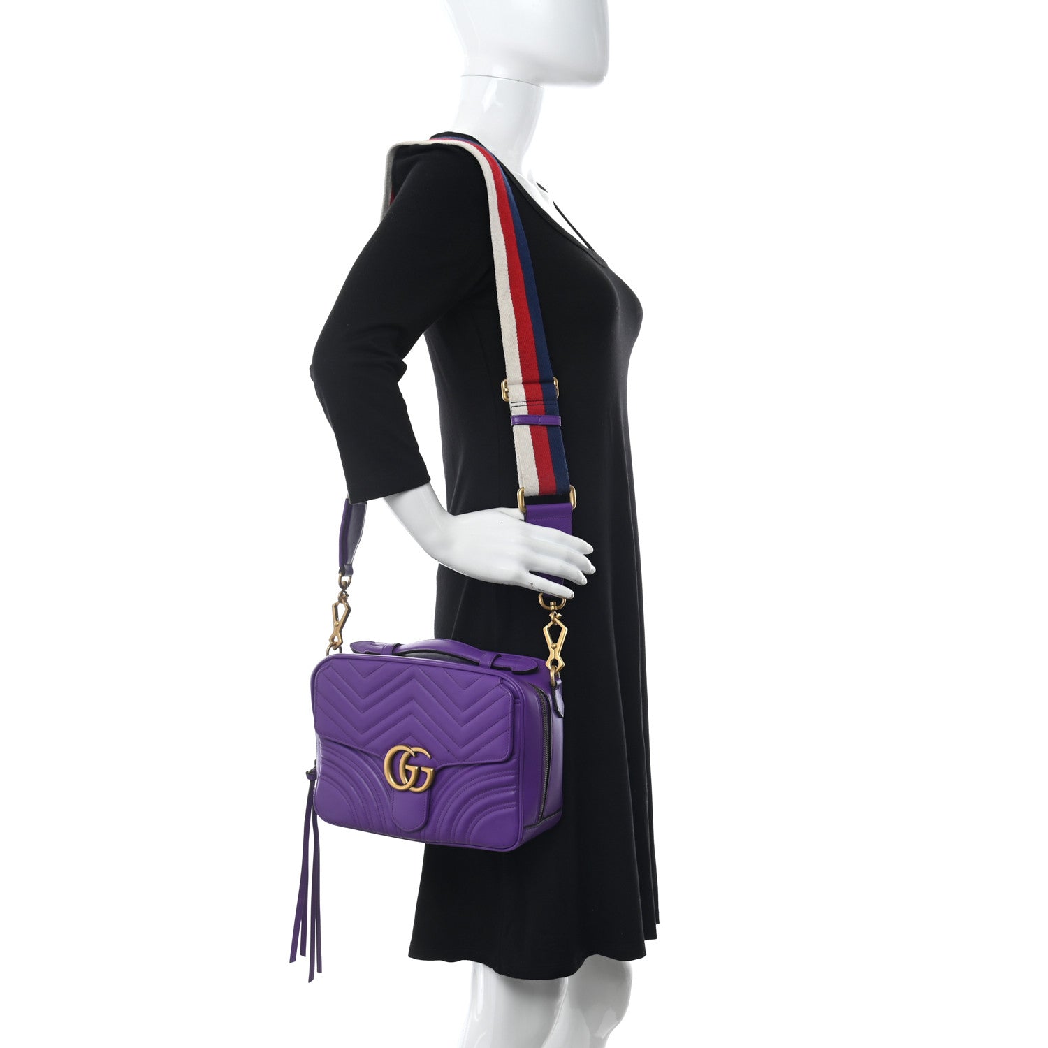 Gucci Calfskin Matelasse Sylvie Web Small GG Marmont Top Handle Shoulder Bag Shine Purple 2 of 12
