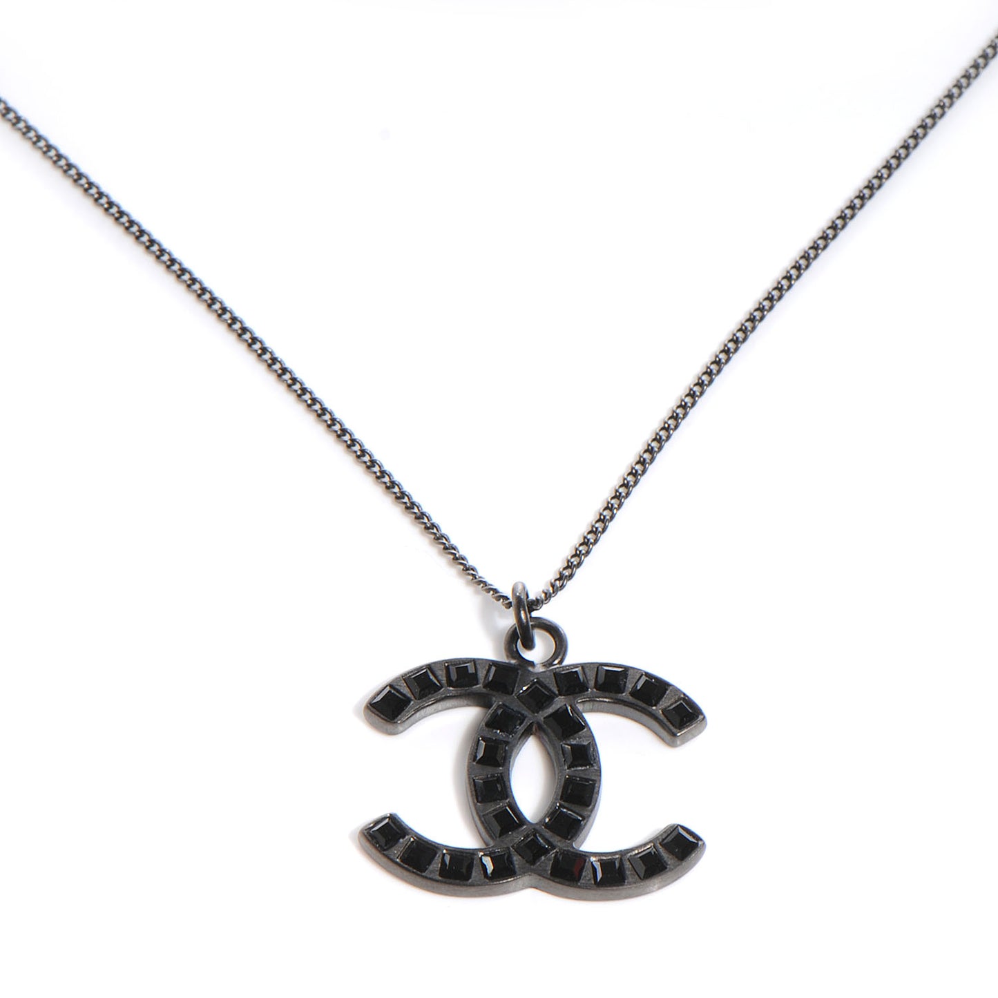 Crystal Studded CC Necklace Dark Silver Black