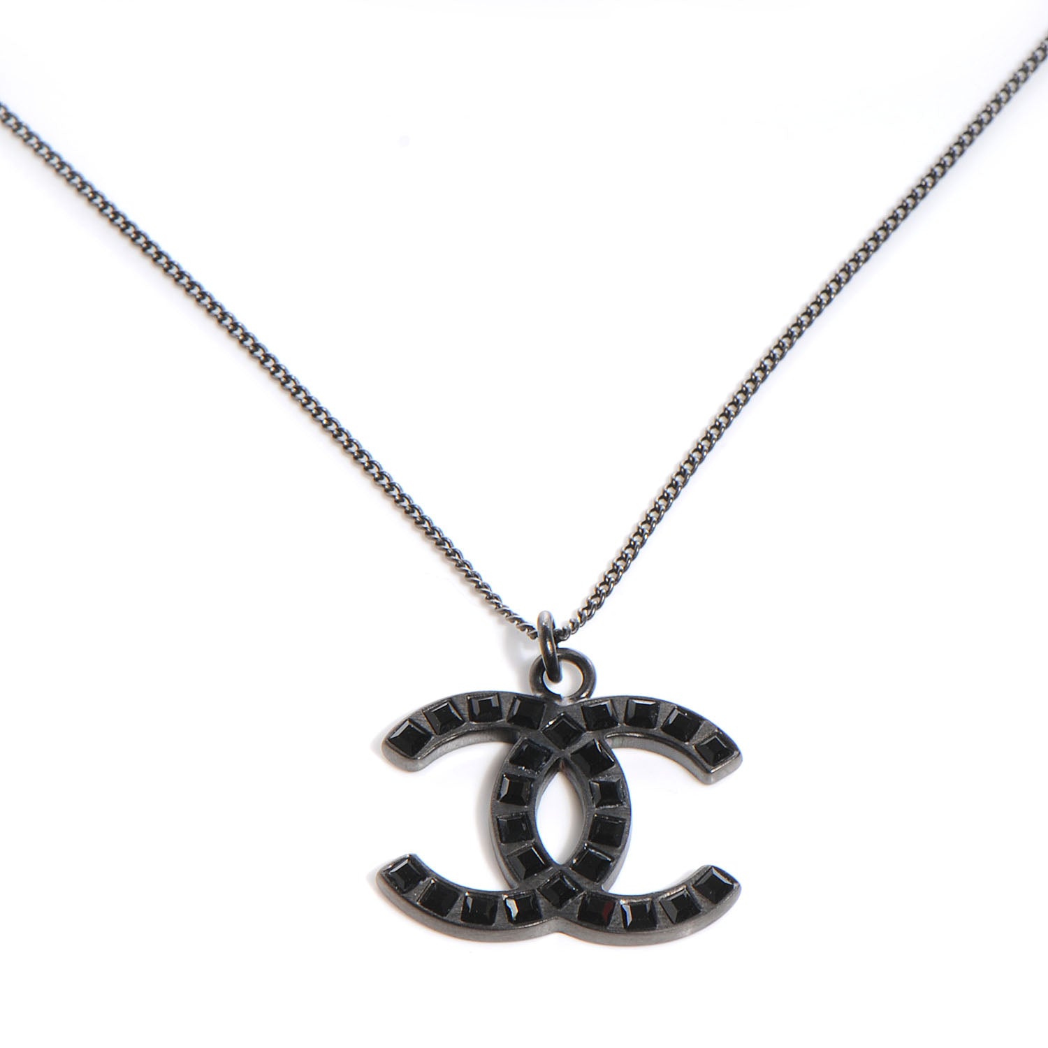 Chanel Crystal Studded CC Necklace Dark Silver Black 1 of 4