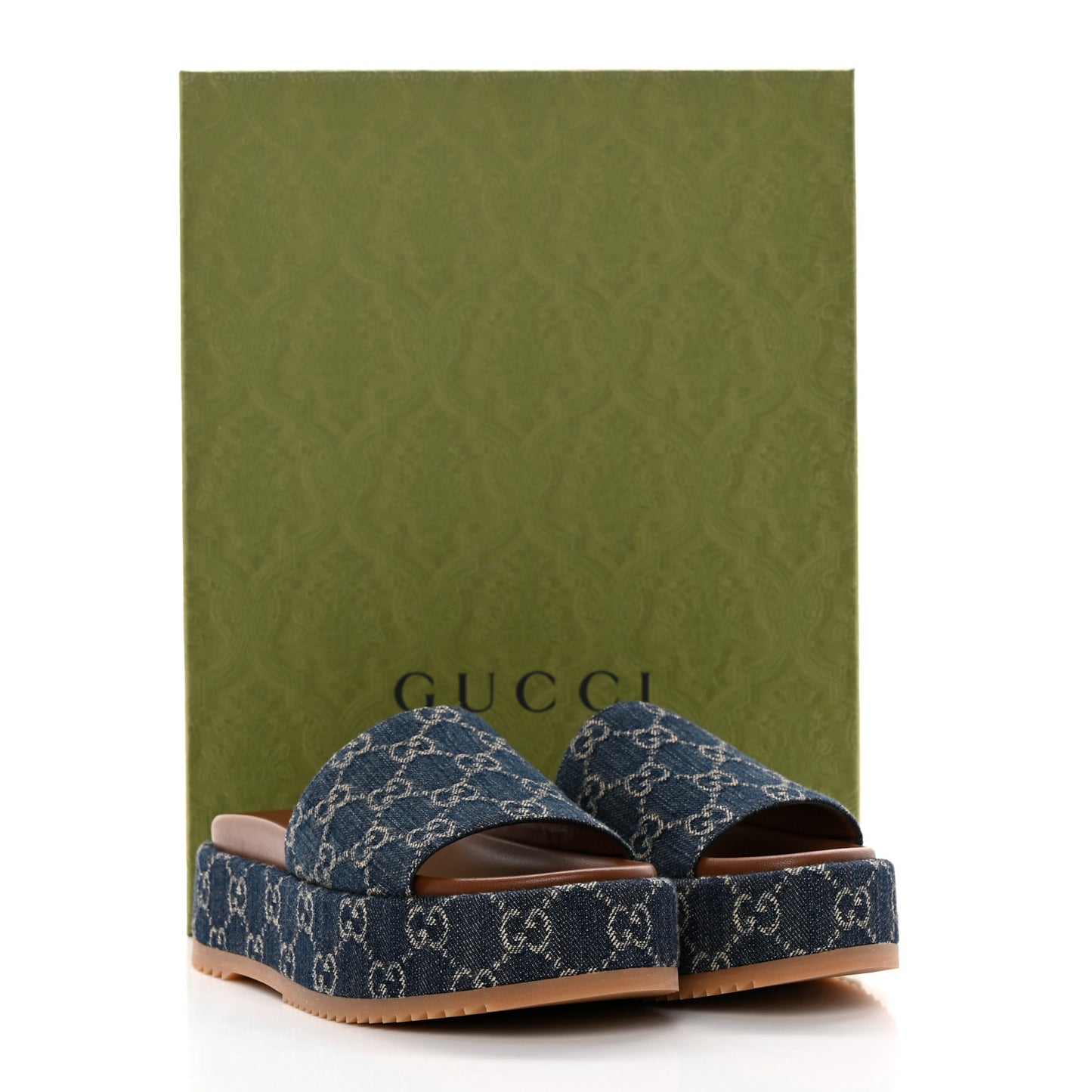 New Denim GG Monogram Angelina Platform 55mm Slide Sandals 37 Blue Tea