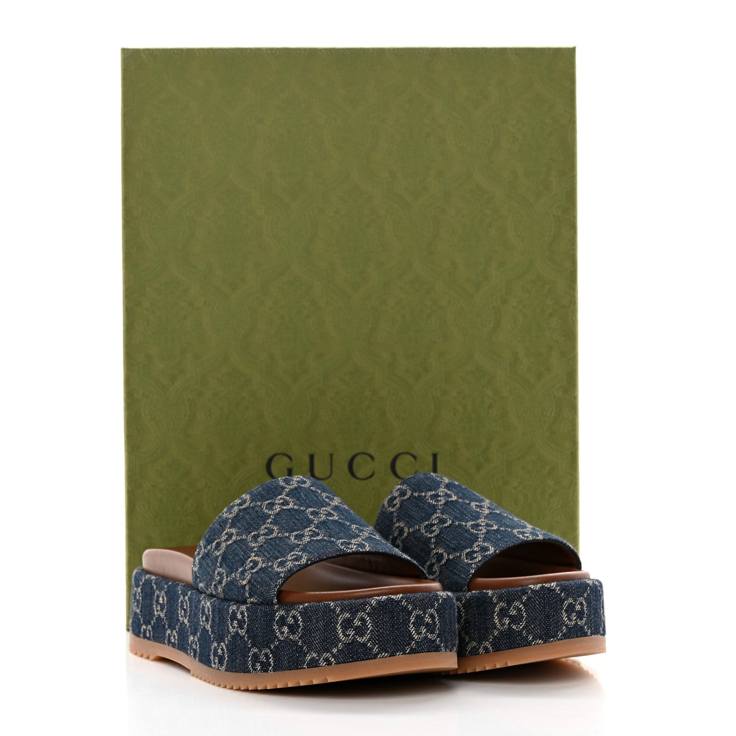 Gucci New Denim GG Monogram Angelina Platform 55mm Slide Sandals 37 Blue Tea 10 of 10
