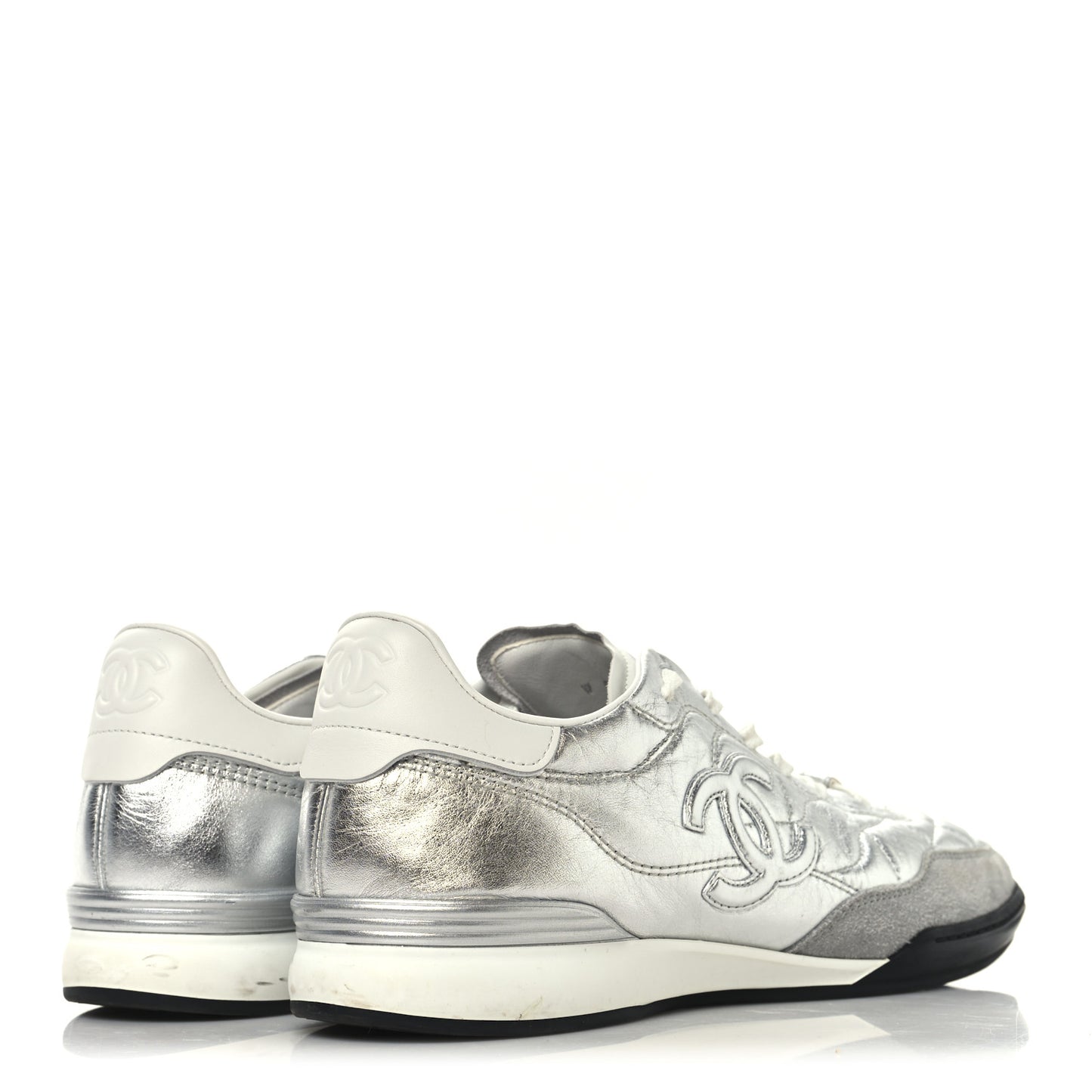 Laminated Calfskin Suede Quilted Womens CC Sneakers 41 Silver White Gray