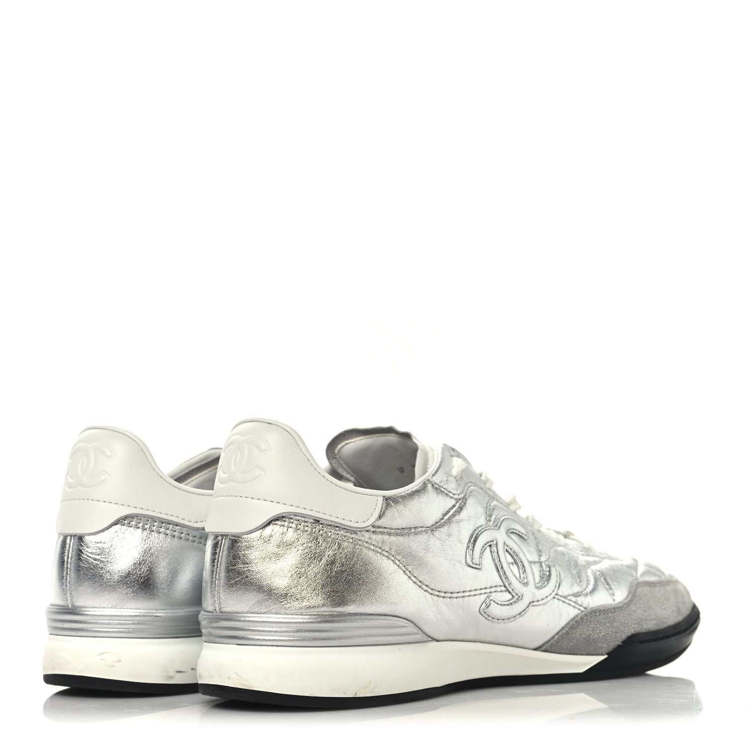Chanel Laminated Calfskin Suede Quilted Womens CC Sneakers 41 Silver White Gray 5 of 8