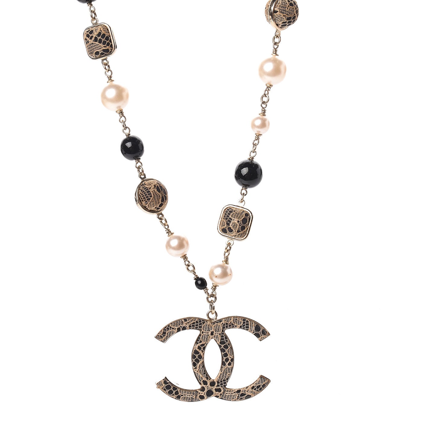 Pearl Beaded Lace CC Necklace Black Gold
