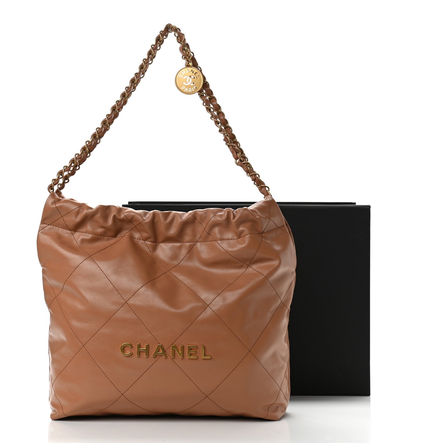 Shiny Calfskin Quilted Small Chanel 22 Camel