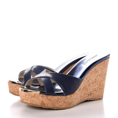 Jimmy Choo Snake Print Calfskin Embossed Cork Pandora Wedges 35.5 Navy 3 of 11
