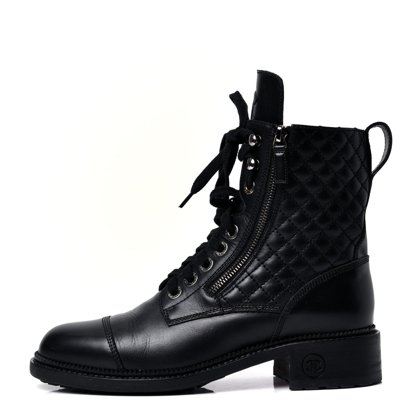 Calfskin Quilted Lace Up Combat Boots 40 Black